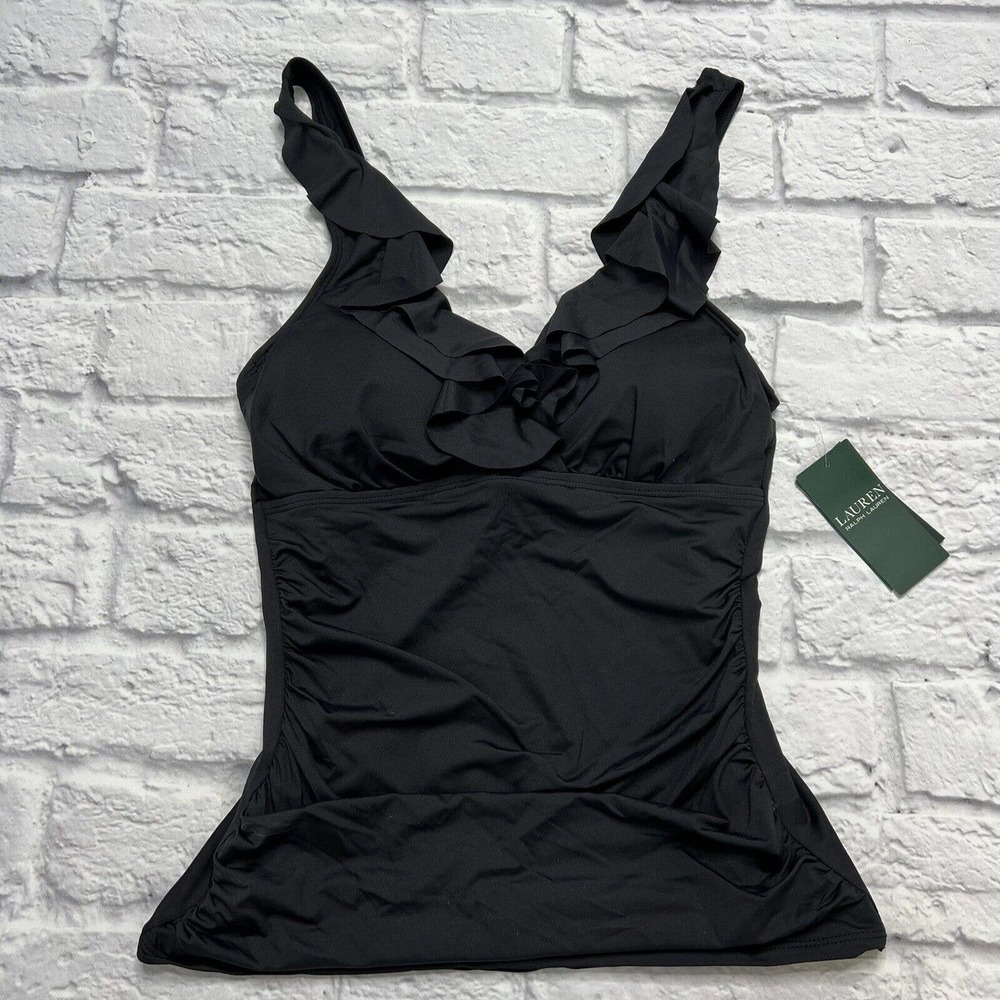 LRL Ralph Lauren BLACK Beach Club Solids Ruffle Tankini Swim Top Size 6 Slimming - Picture 3 of 7